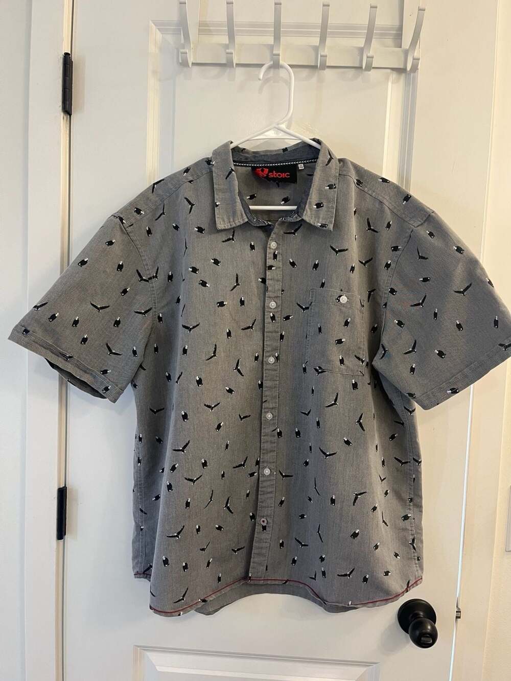 Stoic Men's Gray Short Sleeve Button-Down Shirt with Bald Eagle Print